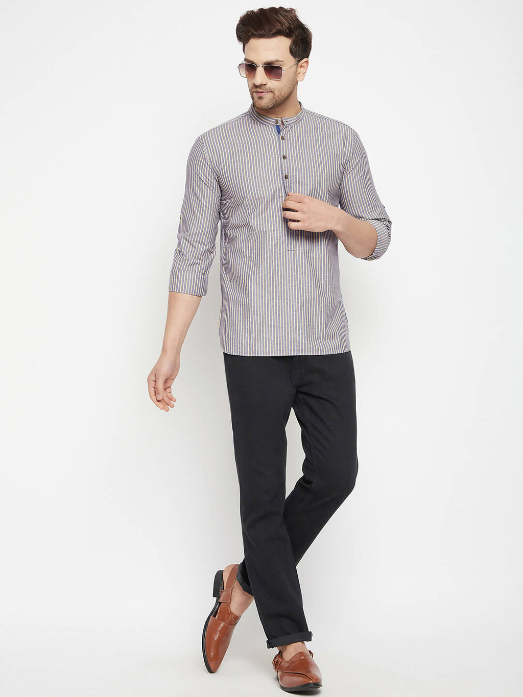 Even Apparels Grey Color Pure Cotton Short Men's Kurta With Band Collar