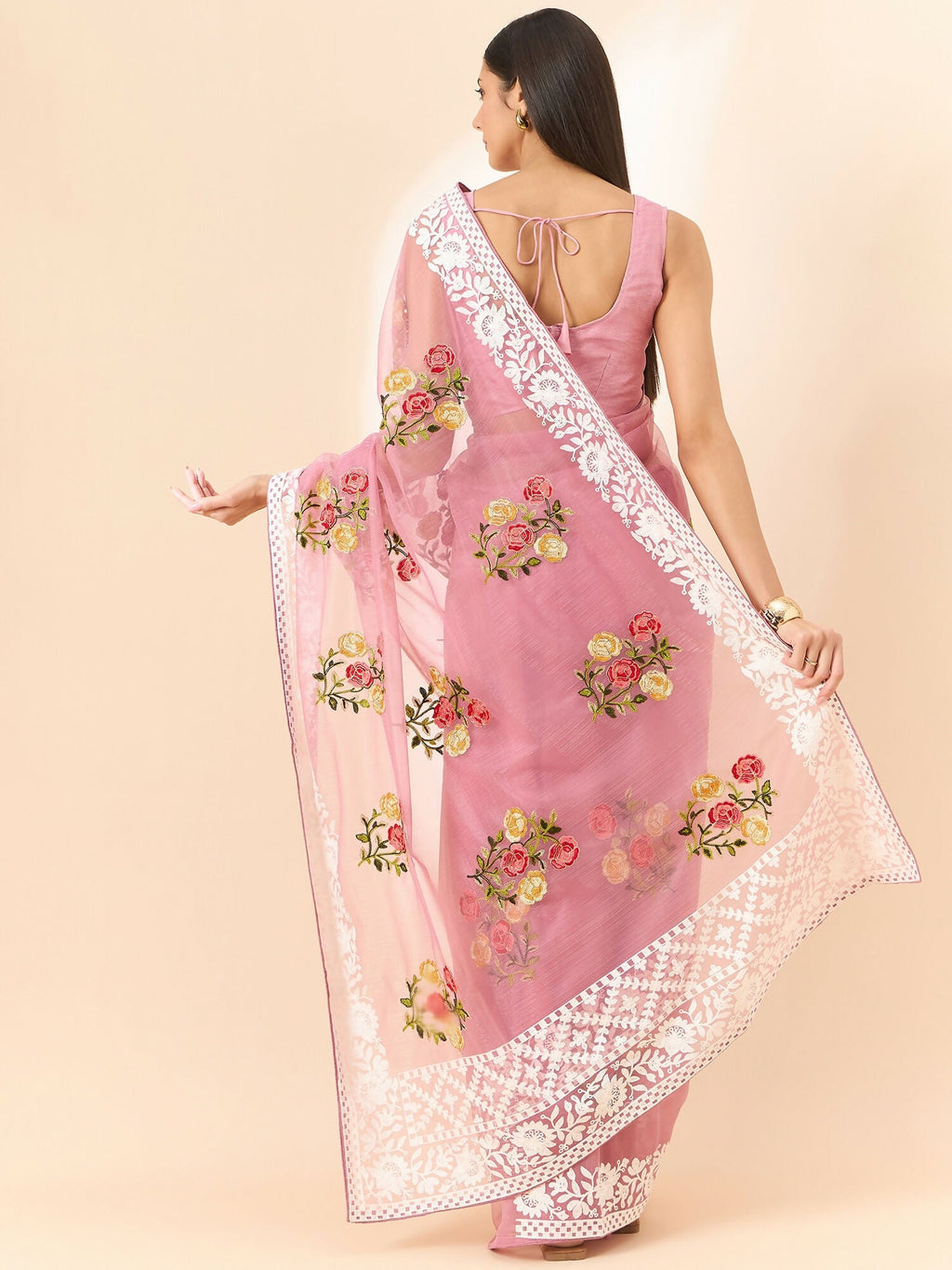 Pink Organza Floral Embroidered Saree with Unstitched Blouse Piece - Roozal
