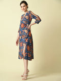 Myshka Women's Blue Floral Printed A-Line Dress