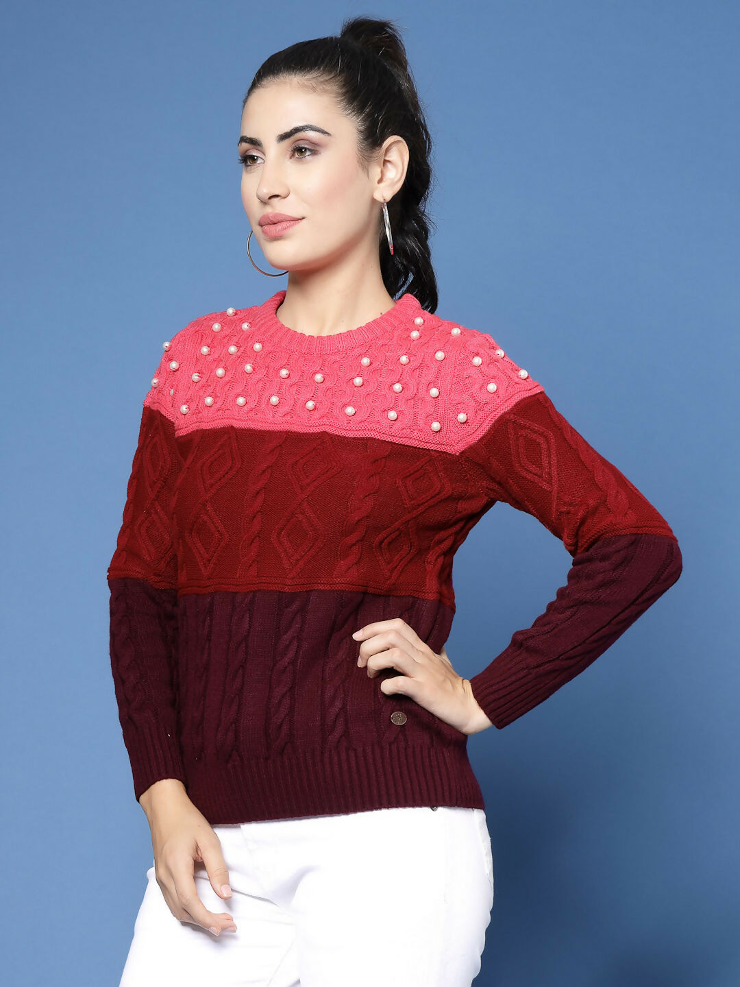 Women Color Block Marron Acrylic Winter Sweater - Wool Trees