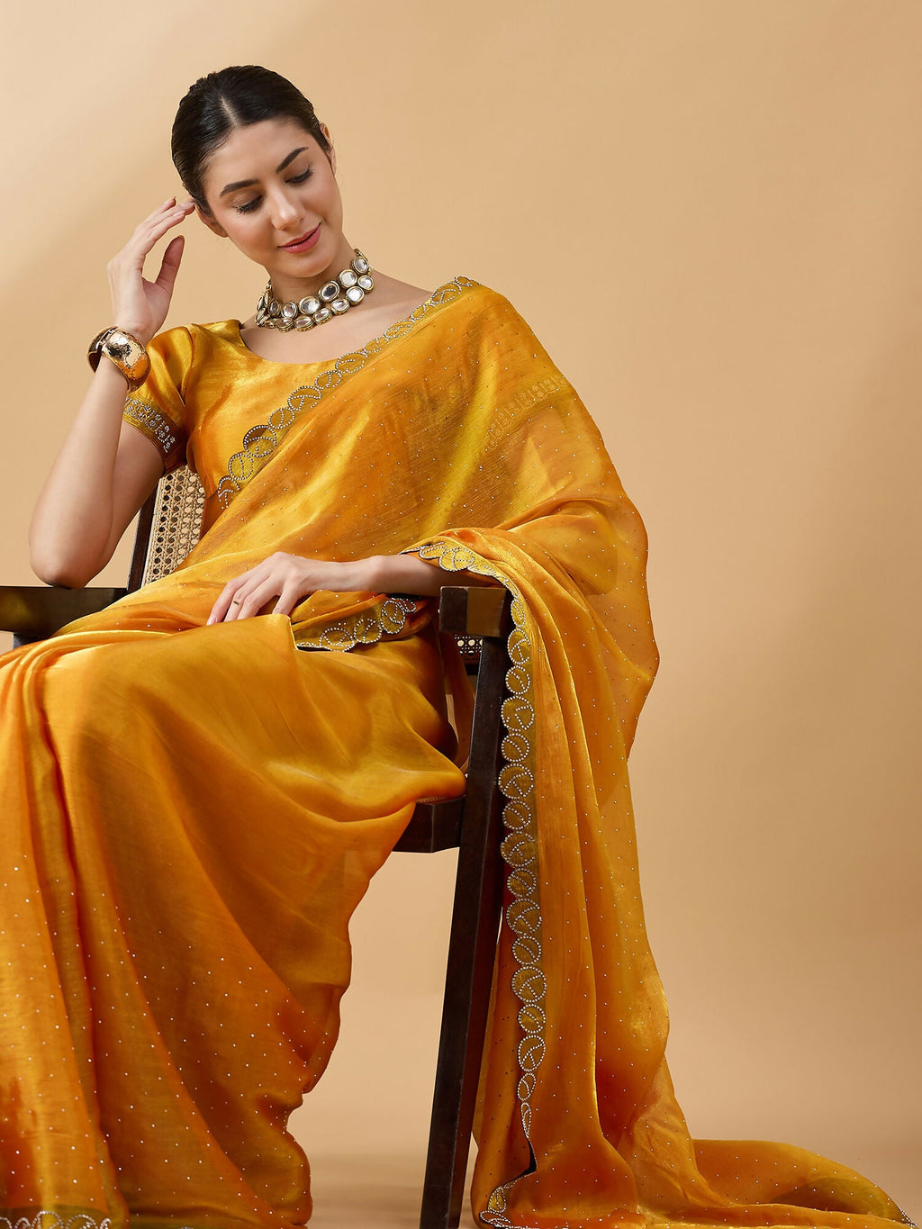Mustard Organza Swaroski Diamond Work Saree with Unstitched Blouse - Radha