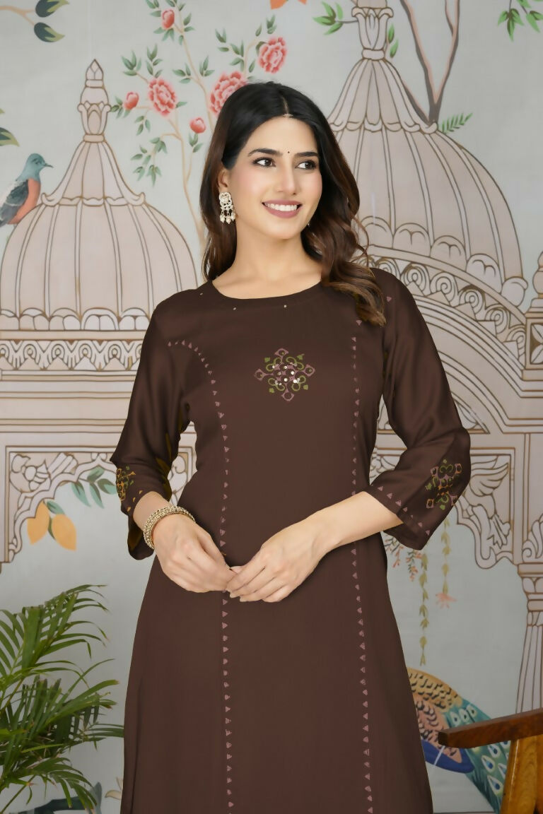 Festive Wear Ethnic Pure gaji silk with pocket inside kurti Brown Stitched Suit - Pihu