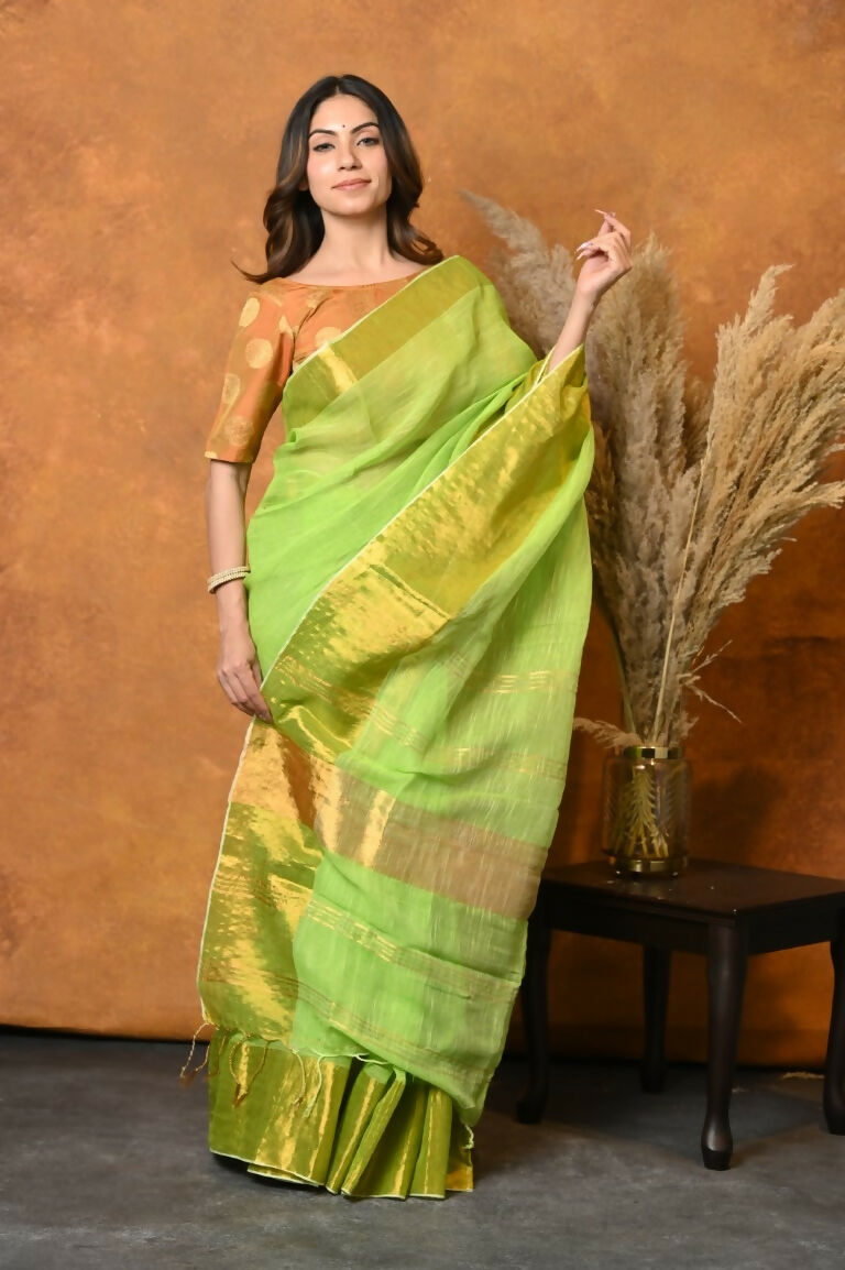Very Much Indian Handloom Pure Cotton Linen Saree With Golden Border - Light Green