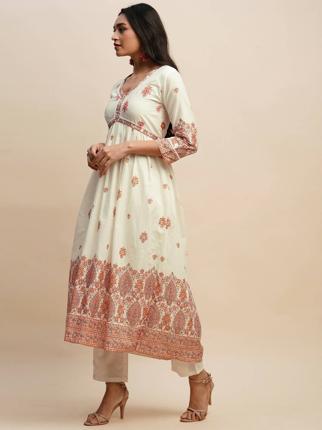 White And Peach Pure Cotton Floral Printed Anarkali Kurta And Bottom With Dupatta - Akashara