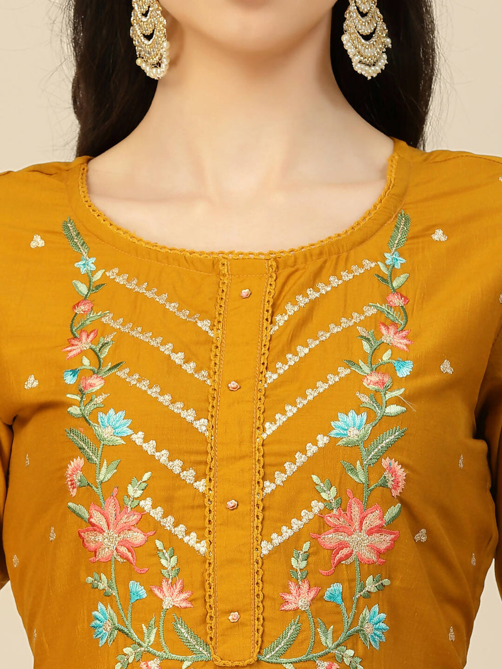 Mustard Embroidered Chinon Straight Kurta With Trouser & Dupatta - Salimar