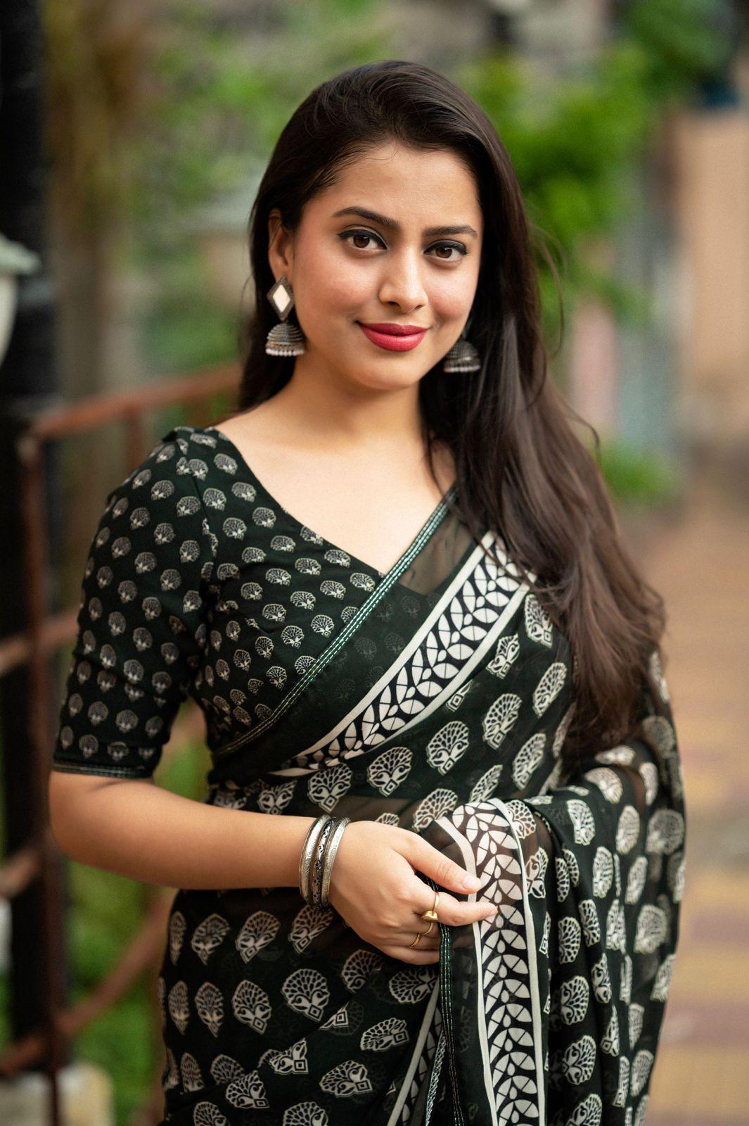 Black Poly Georgette Ajrak Saree with Unstitched Blouse - A2M
