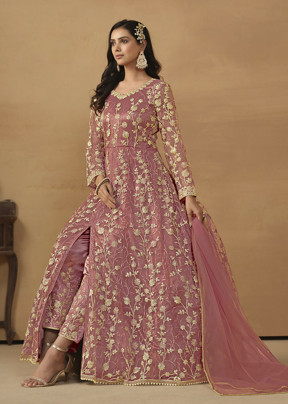 Pant Style Coral Pink Embroidered Net Wedding Anarkali Suit - Emponline