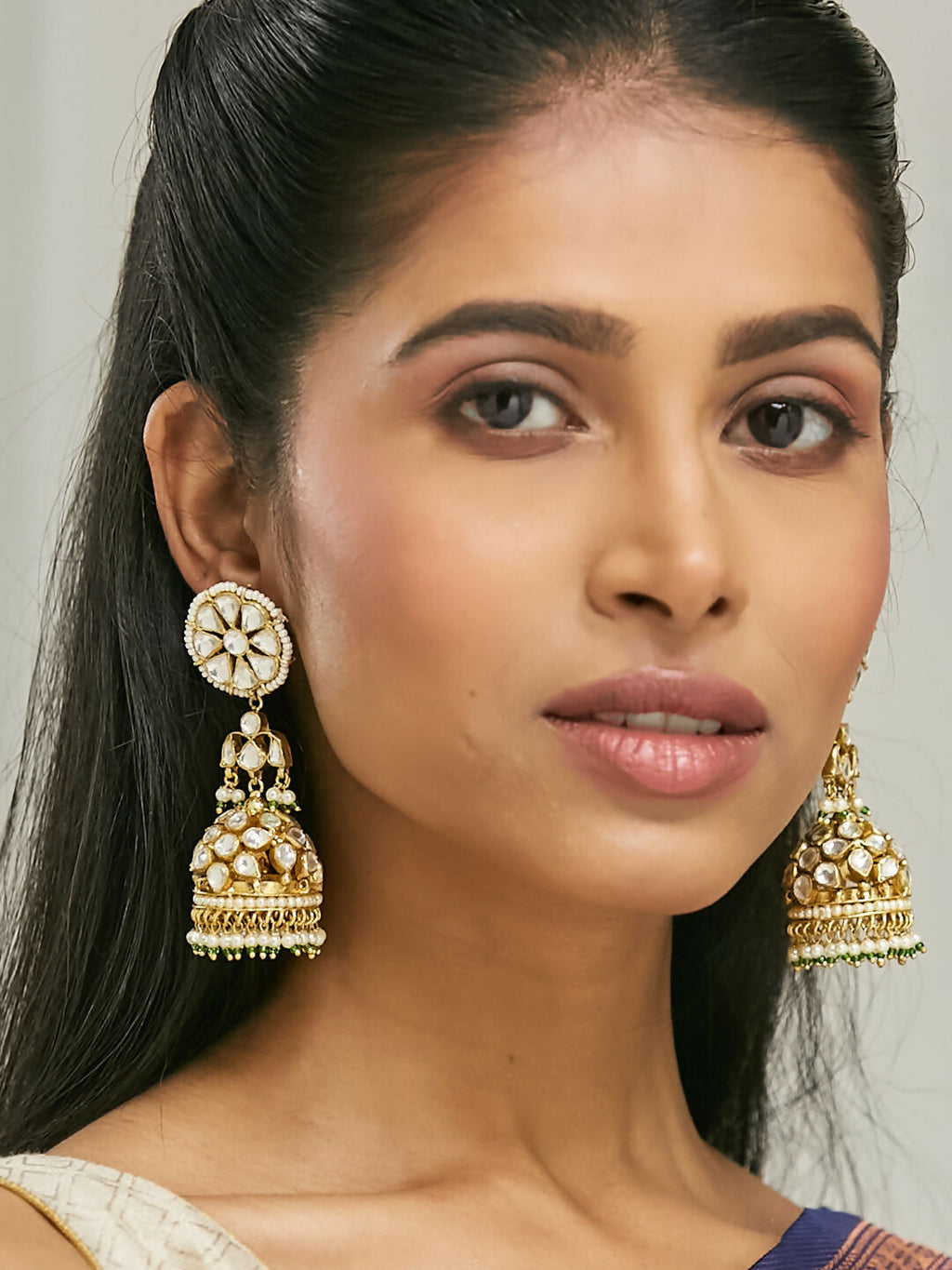 Nuyug 22K Gold-Plated Kundan Stone Studded & Pearl Beaded Dome Shaped Jhumkas