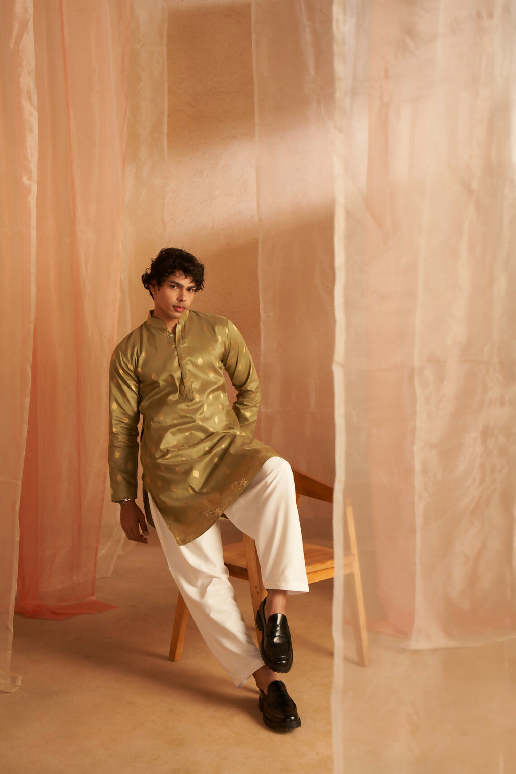 Green Viscose Wevon Designer Men's Kurta Set - Mahotsav