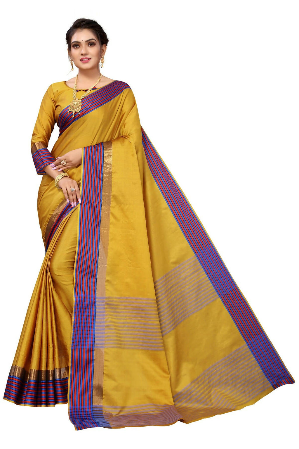 Vamika Ethnic Fire Mustard Cotton Silk Saree