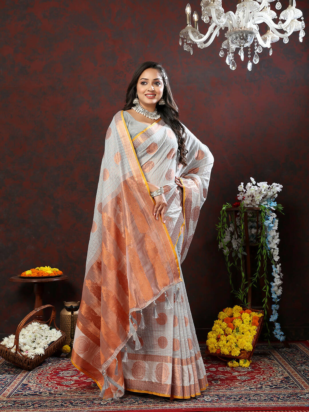 Lorenvalley Fashion Grey Cotton with Woven Design Zari Weaving Saree