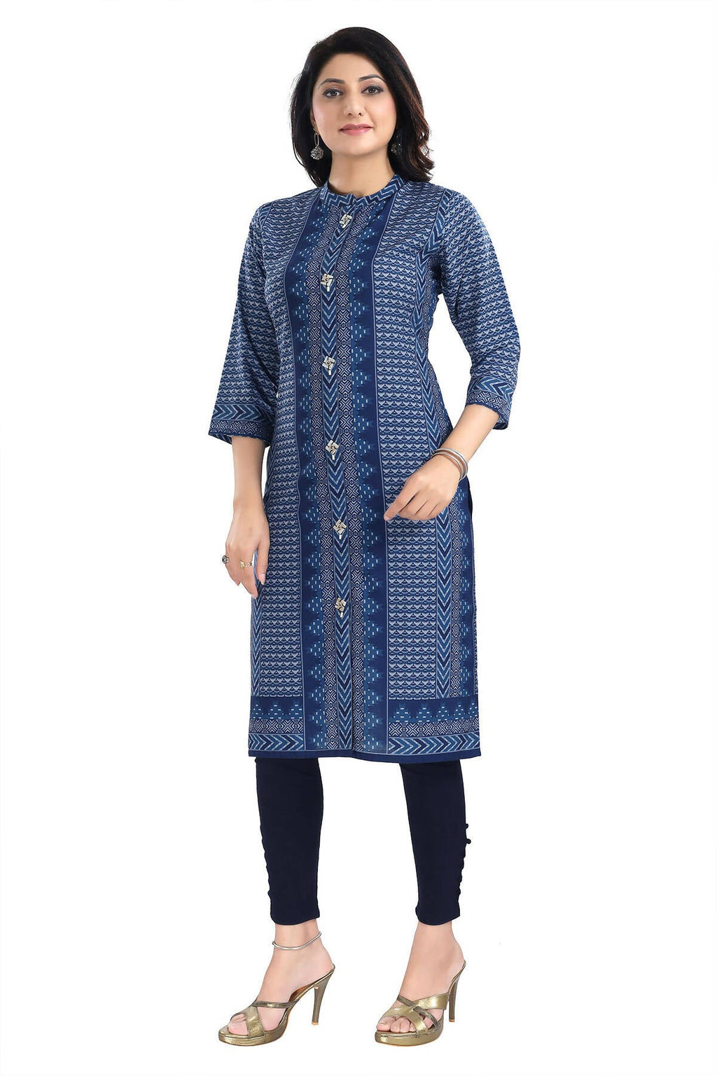 Snehal Creations Blue Designer Digital Print Cotton Slub Fabric Long Kurti Tunic
