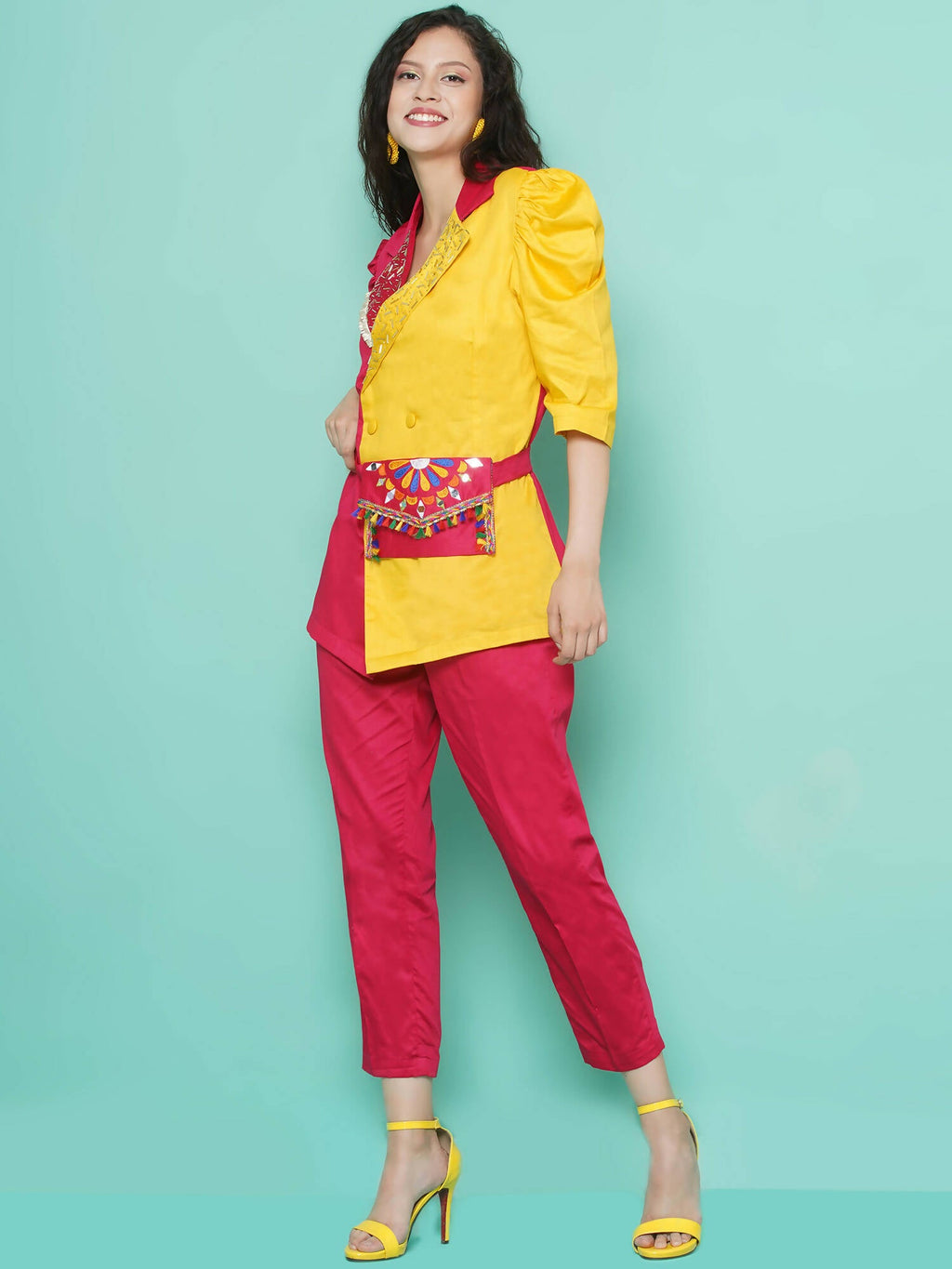 Women Republic Pink And Yellow Cotton Silk hand Embellished Coord set with Pouch