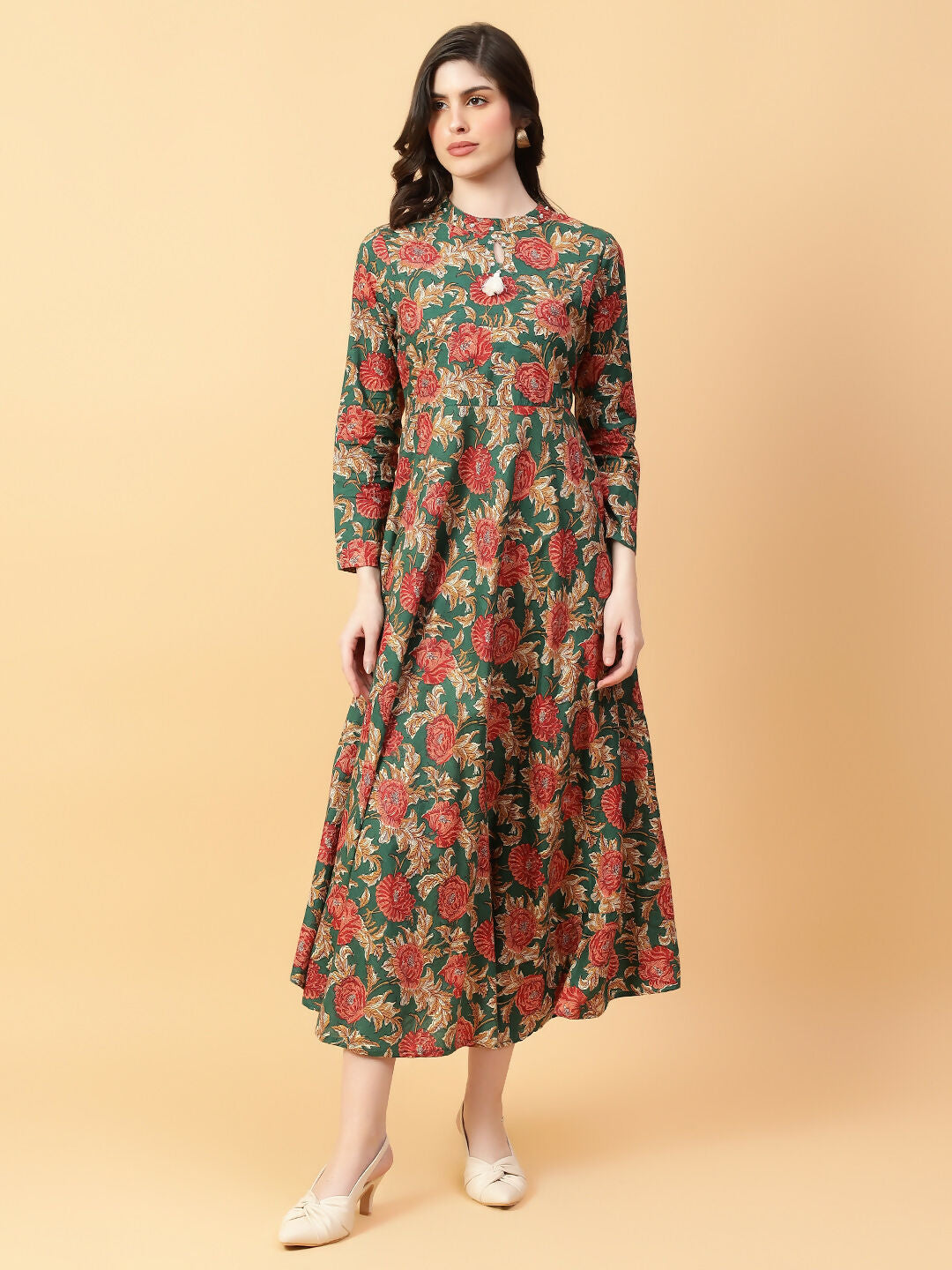 Joban Fashion Green Cotton Printed & Hand Work Dress