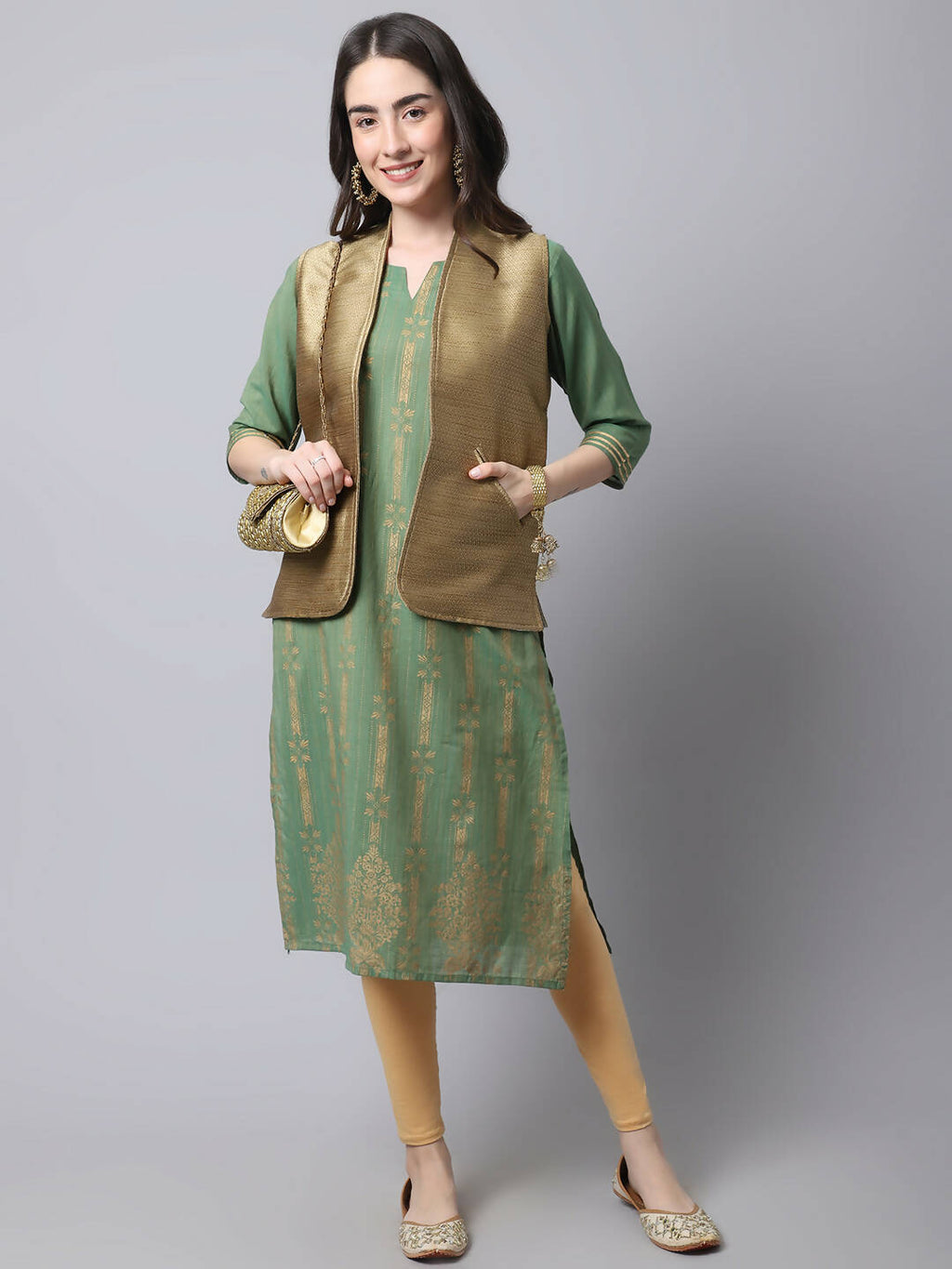 Even Apparels Beige Bansari Silk Open Front Women's Gillet