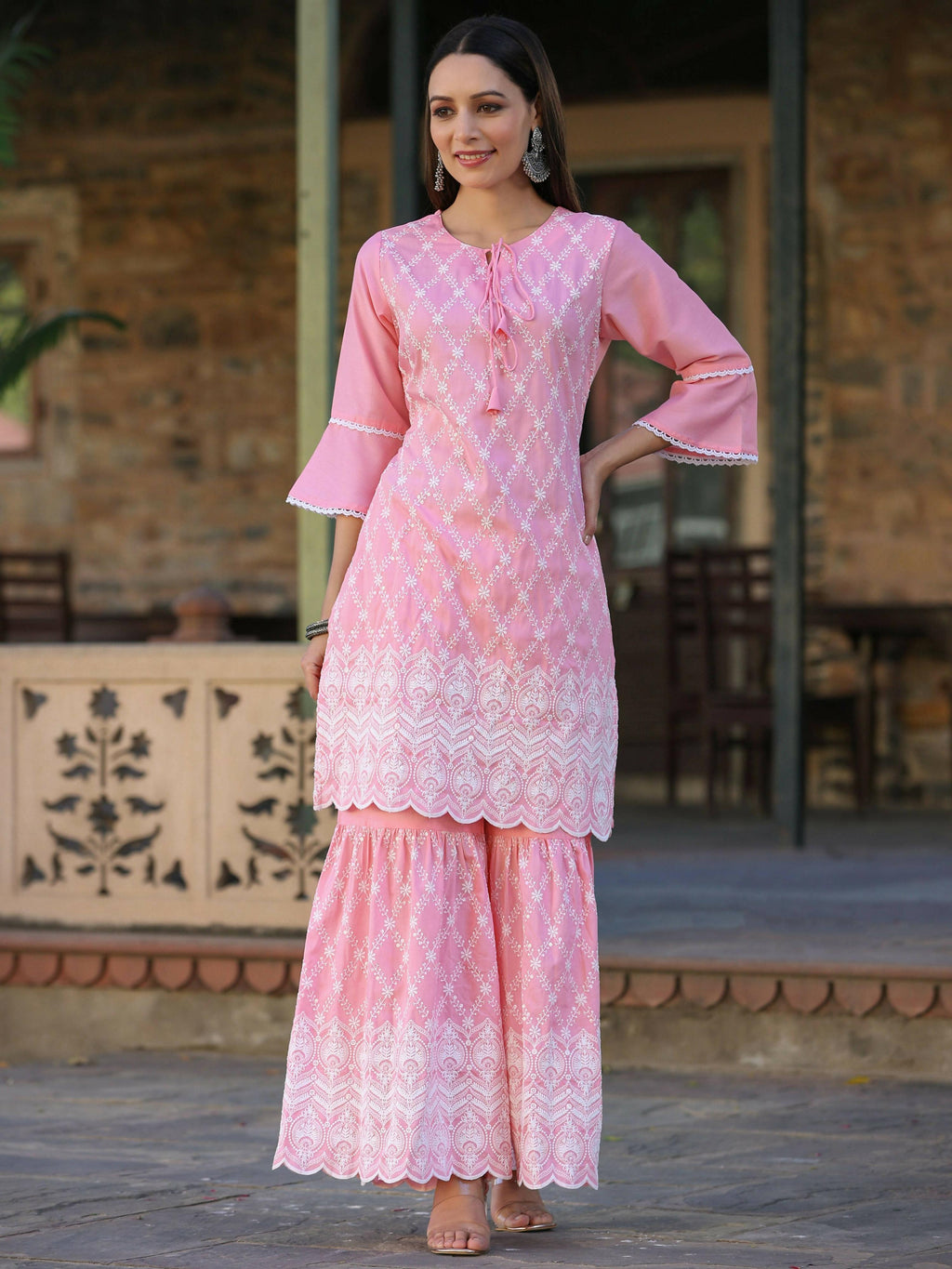 Juniper Women's Pink Chinnon Embroidered Kurta Garara Set