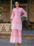 Juniper Women's Pink Chinnon Embroidered Kurta Garara Set