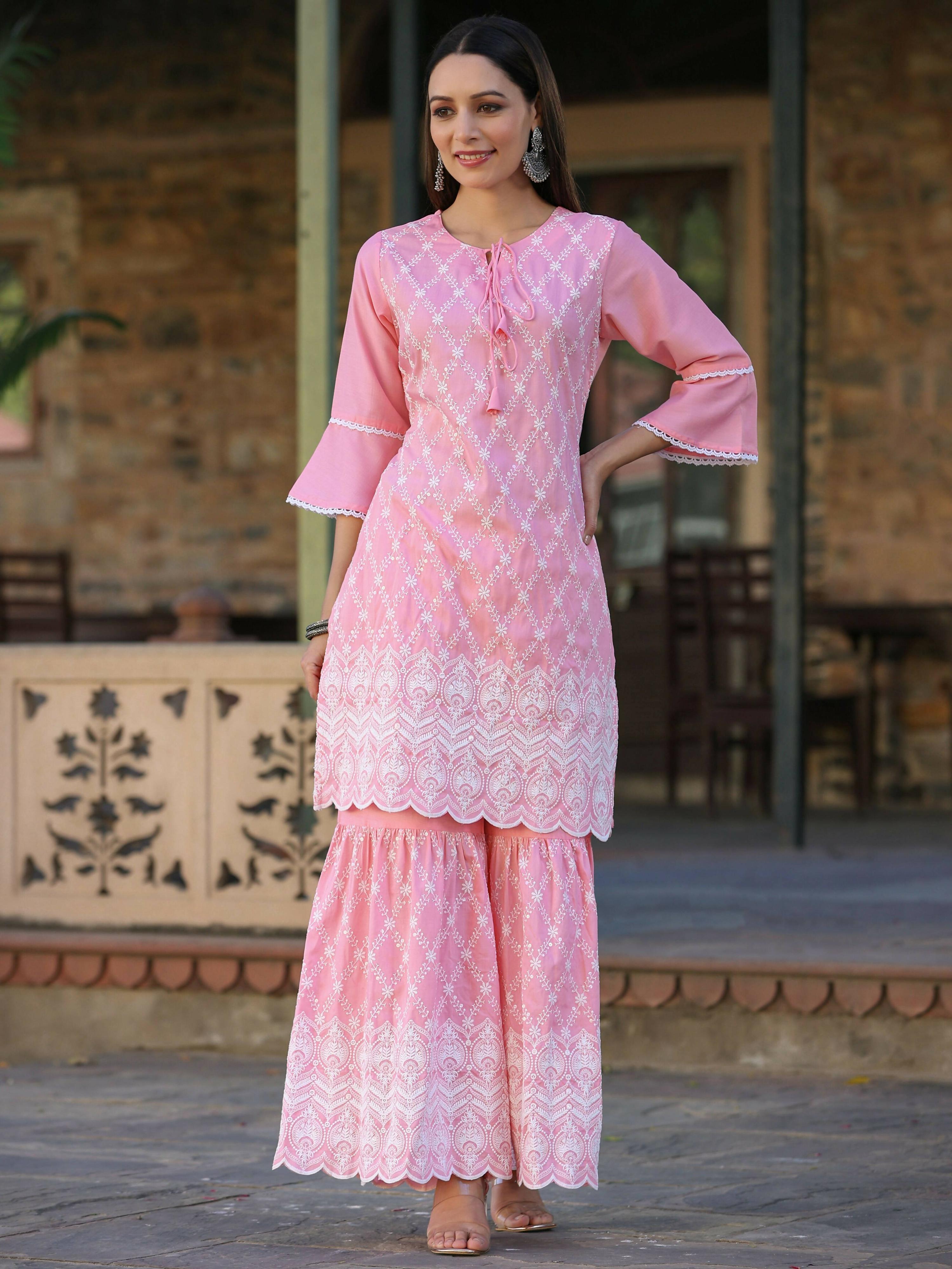 Juniper Women's Pink Chinnon Embroidered Kurta Garara Set