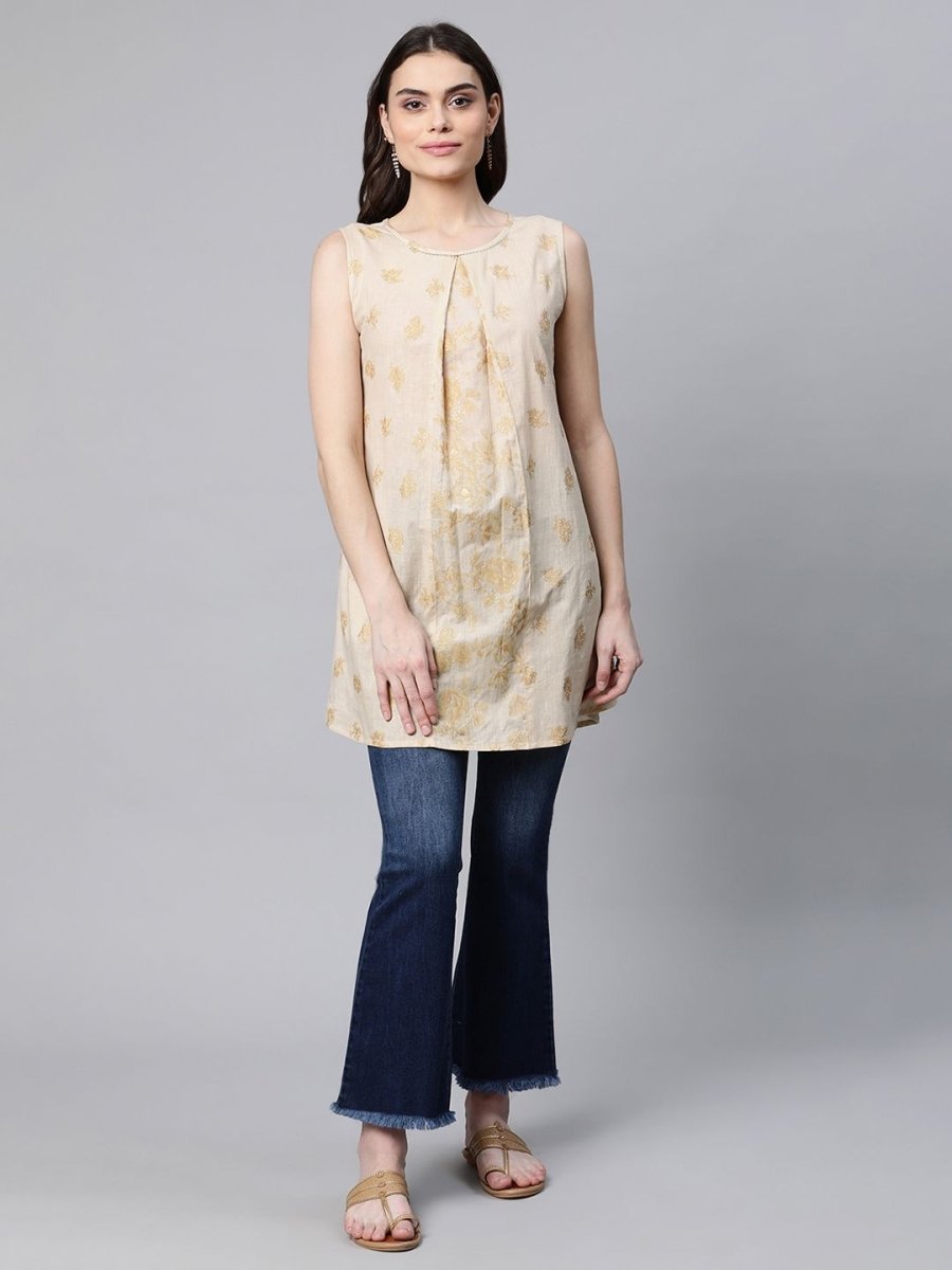 Ahalyaa Women Beige Pure Cotton Floral Printed Tunic
