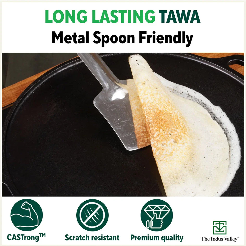 The Indus Valley Super Smooth Cast Iron Tawa, Long Handle,Pre-seasoned, Nonstick, 100% Pure, Toxin-free, Induction,Spatula, 25.4cm, 1.8kg