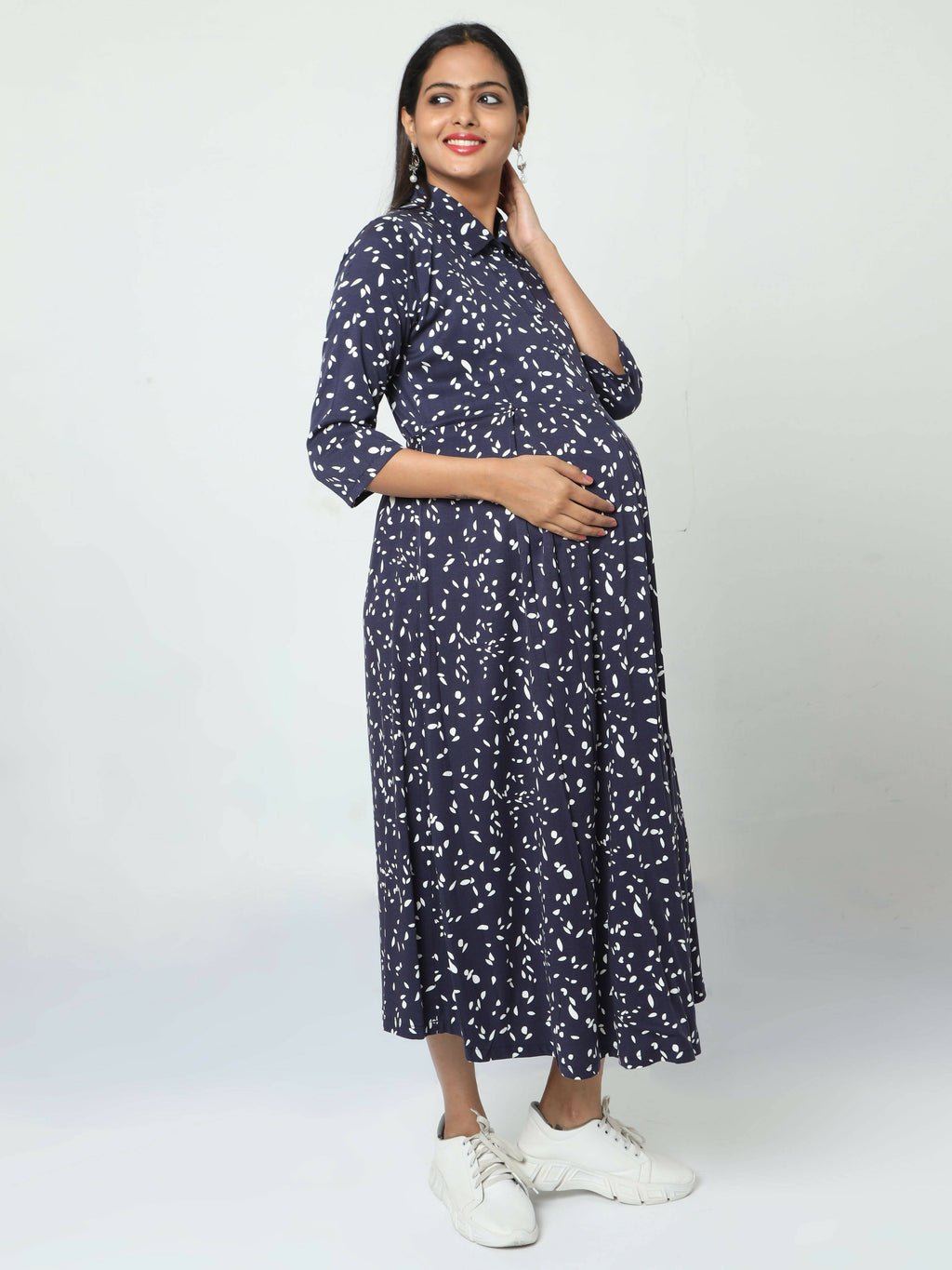 Manet Three Fourth Maternity Dress White Dot Print With Concealed Zipper Nursing Access - Navy Blue