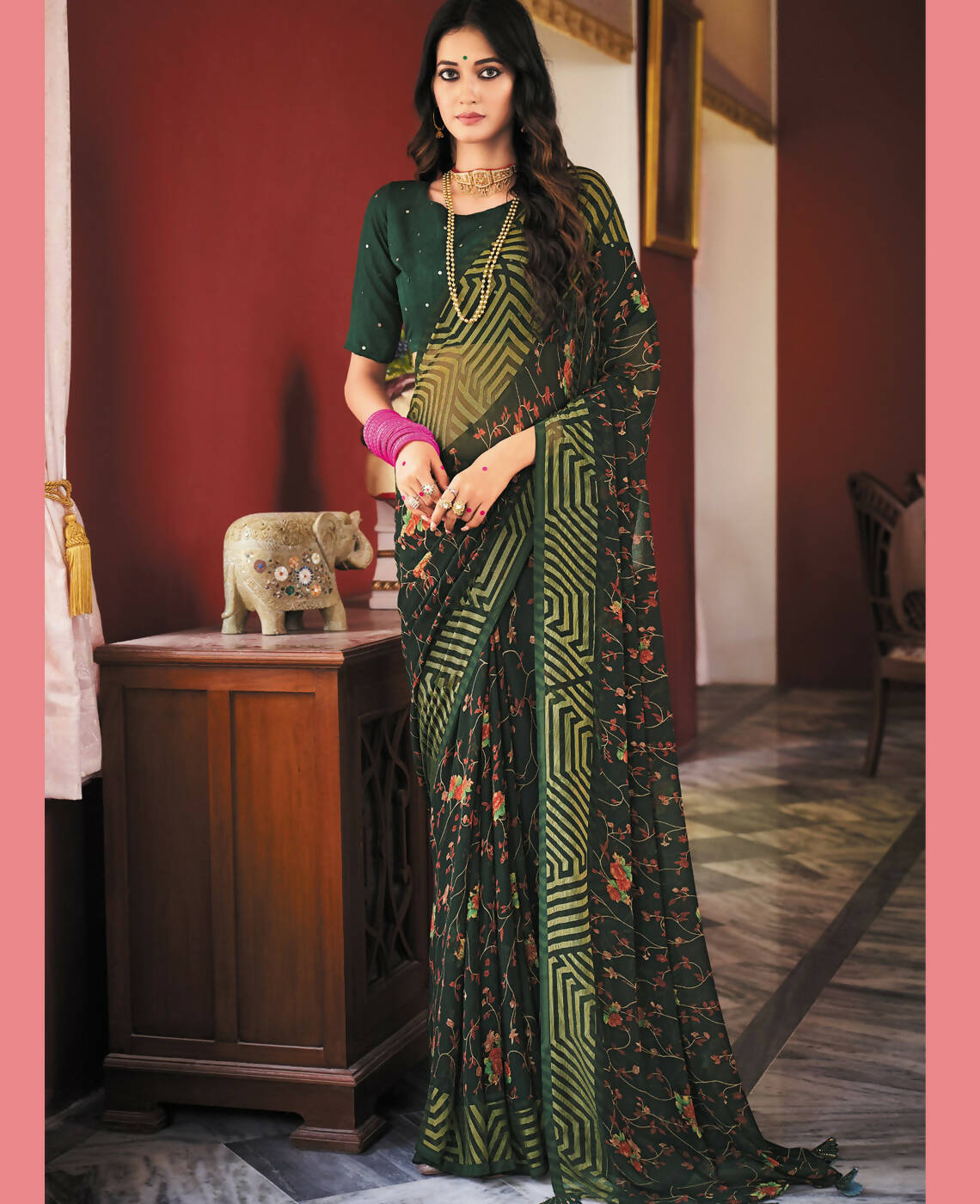 Green Georgette Brasso Floral Printed Saree With Unstitched Blouse Piece - Zyanya