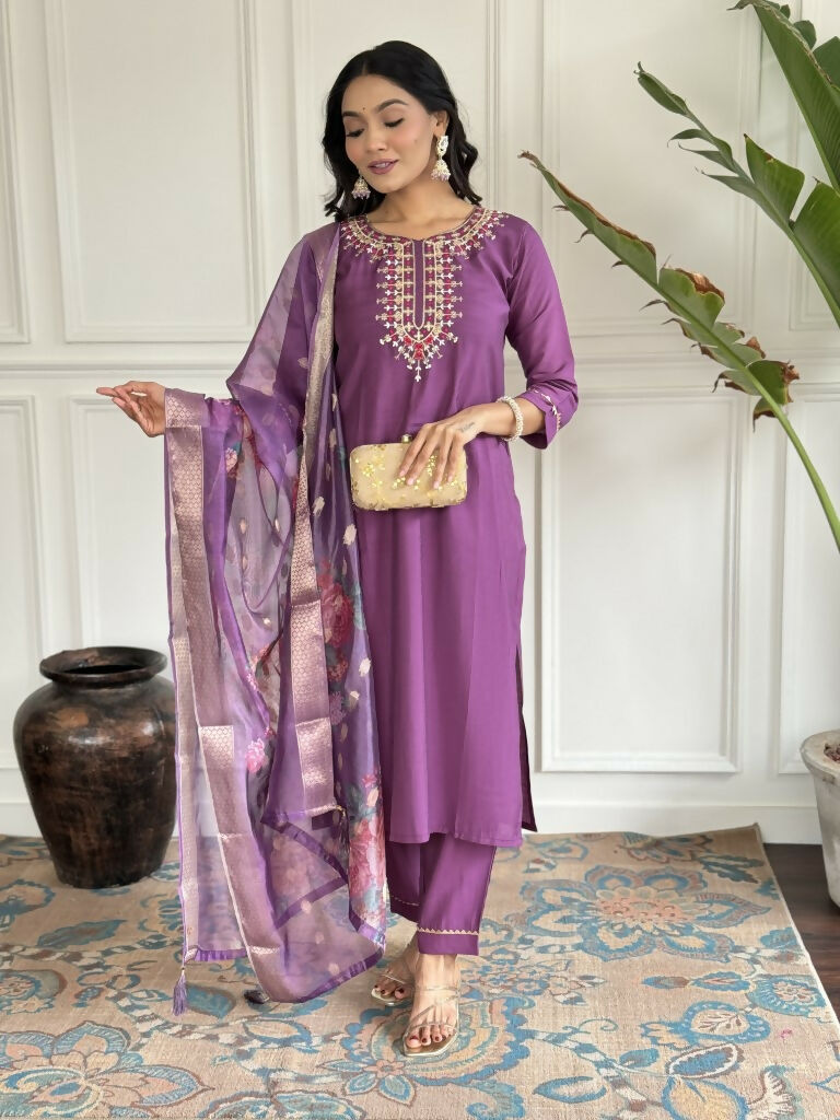 Purple Viscose chanderi Stitched Suit With Dupatta - Tanisha