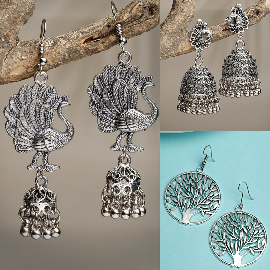 NVR Women's Set of 3 Silver-Toned German Silver Oxidised Dome Shaped Jhumka Earrings