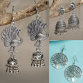 NVR Women's Set of 3 Silver-Toned German Silver Oxidised Dome Shaped Jhumka Earrings