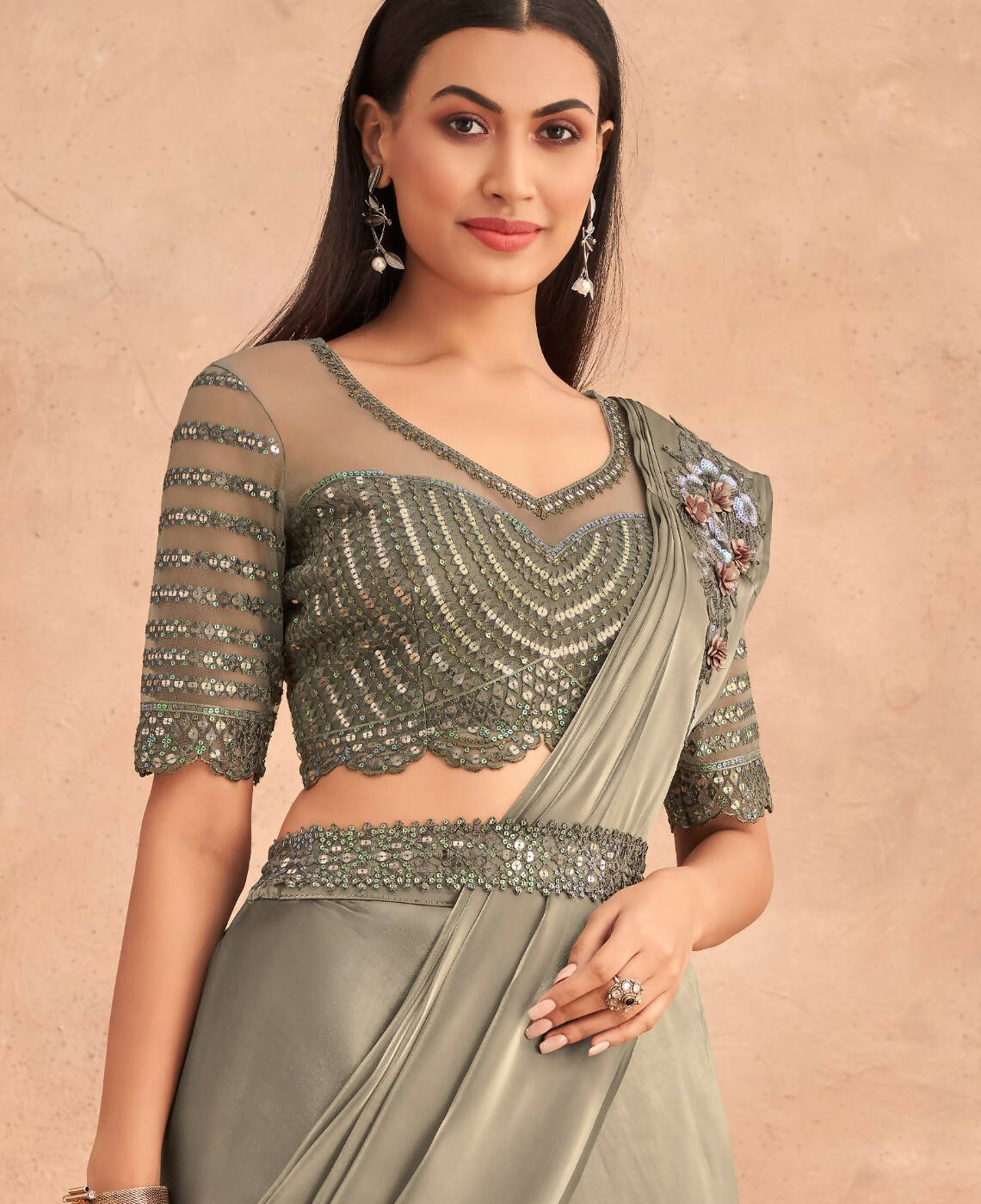 Green Satin Embroidered Ready To Wear Saree With Unstitched Blouse Piece - Nandika