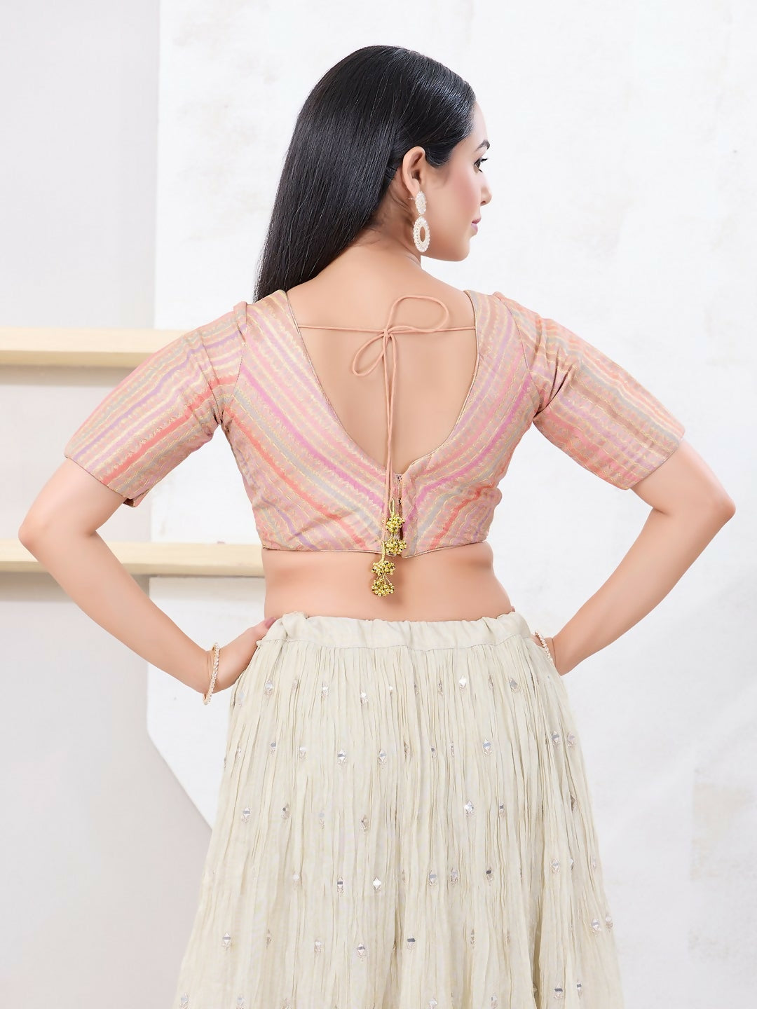 Joban Fashion Peach Jacquard Elbow Sleeveless Back Open Blouse
