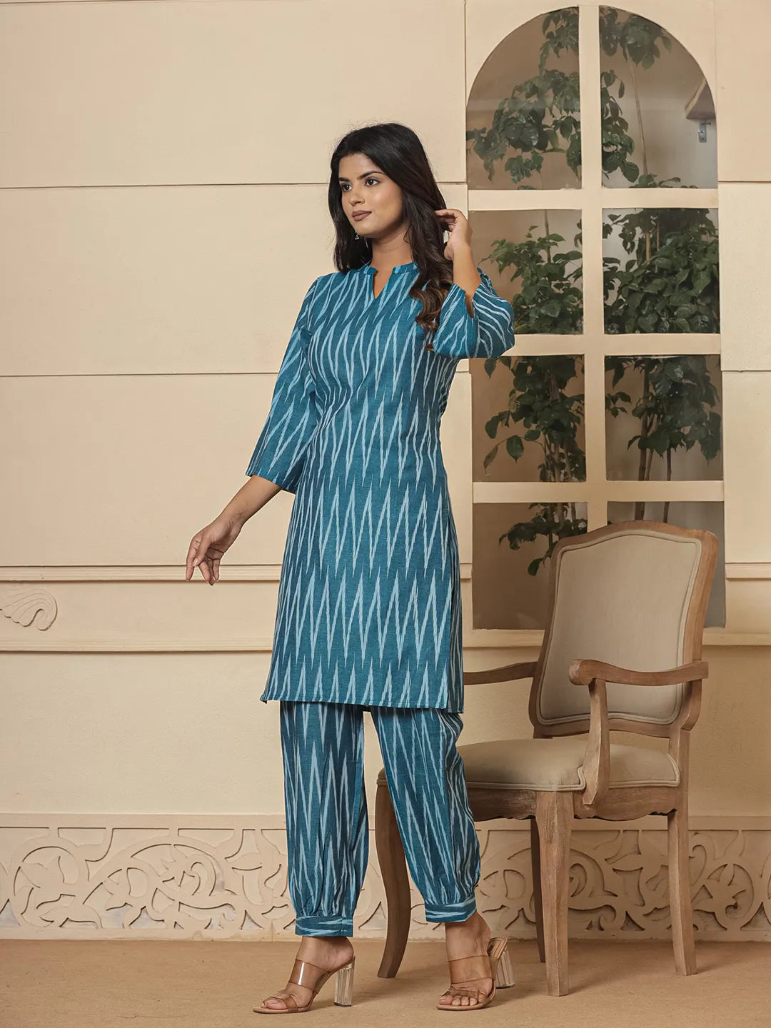 Yufta Teal Blue Cotton Ikat Co-Ord Set