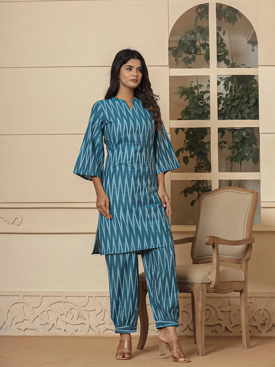 Yufta Teal Blue Cotton Ikat Co-Ord Set