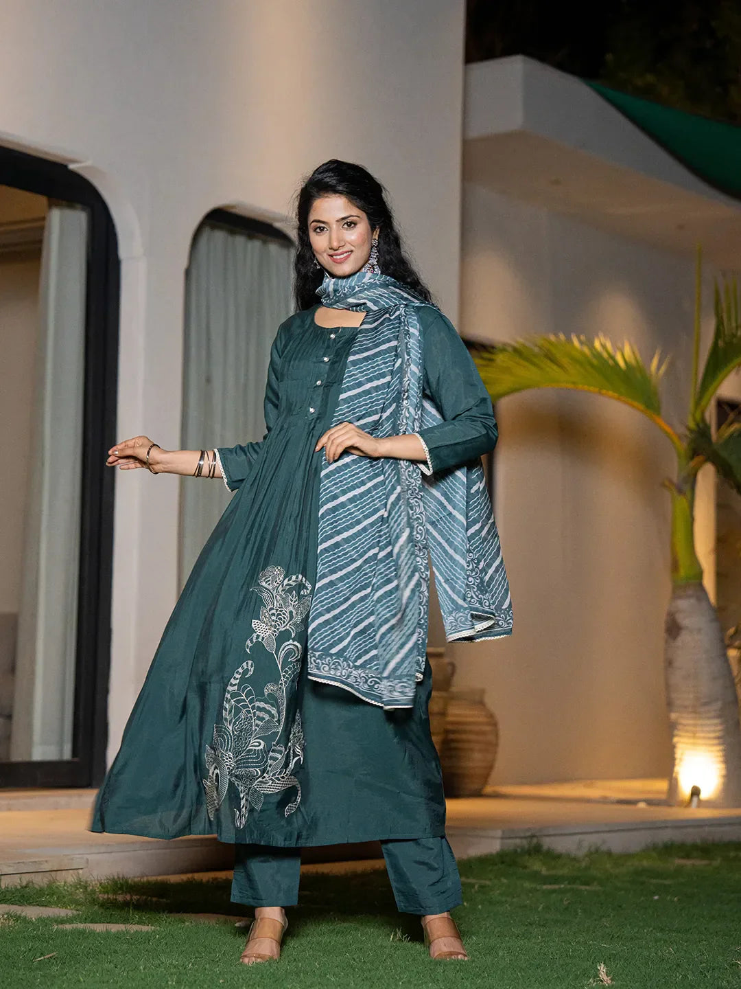 Yufta Teal Blue Embroidered A-Line Kurta Dupatta Set
