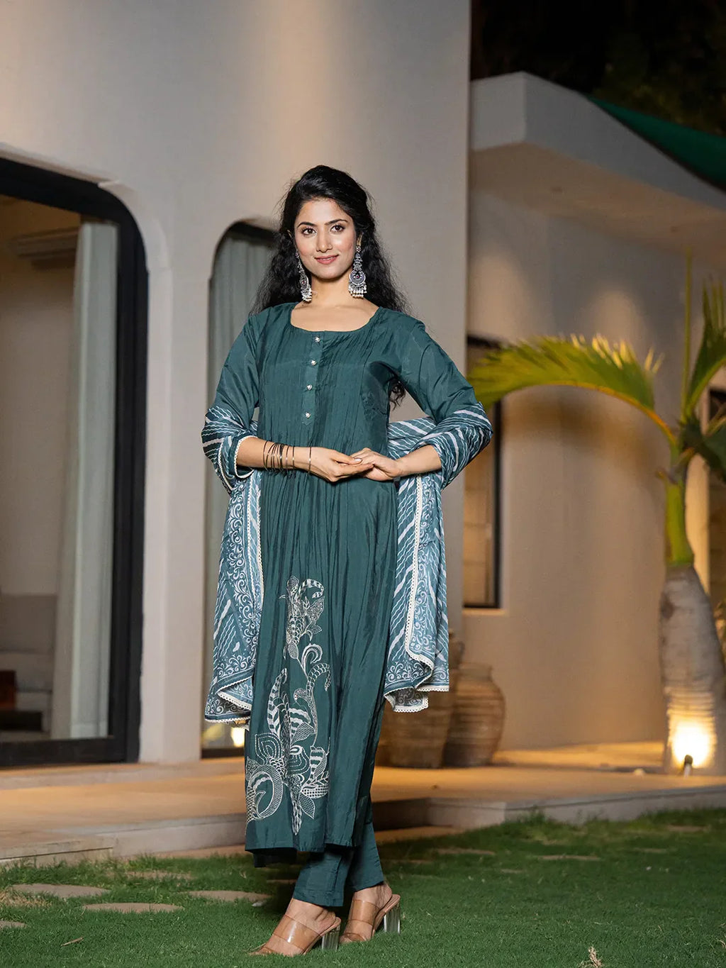 Yufta Teal Blue Embroidered A-Line Kurta Dupatta Set