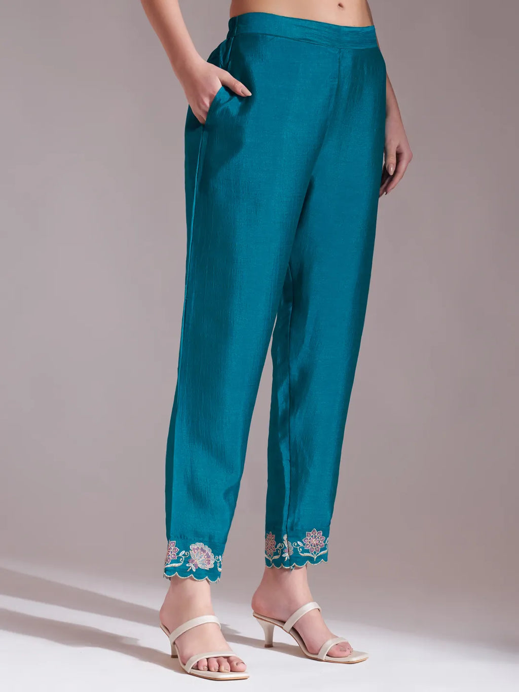 Yufta Teal Blue Embroidered Kurta With Pant And Dupatta Comes With Cotton Lining