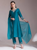 Yufta Teal Blue Embroidered Kurta With Pant And Dupatta Comes With Cotton Lining