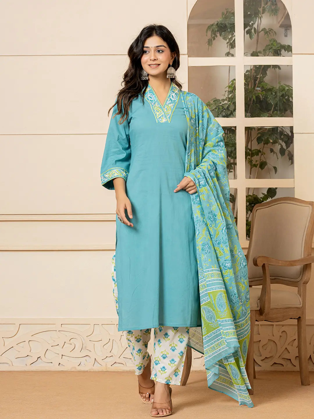 Yufta Teal Cotton Embroidered Kurta Dupatta Set