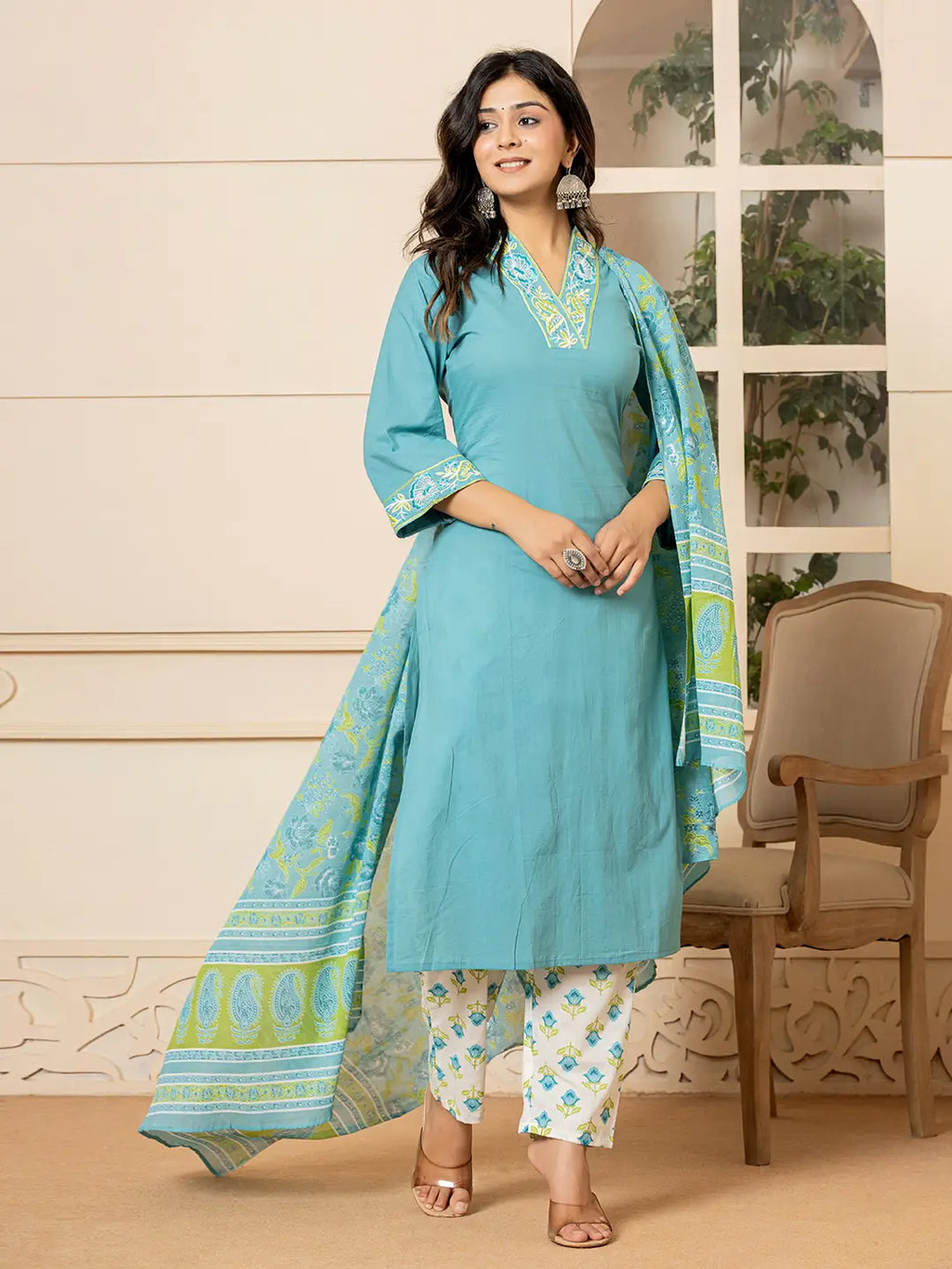 Yufta Teal Cotton Embroidered Kurta Dupatta Set