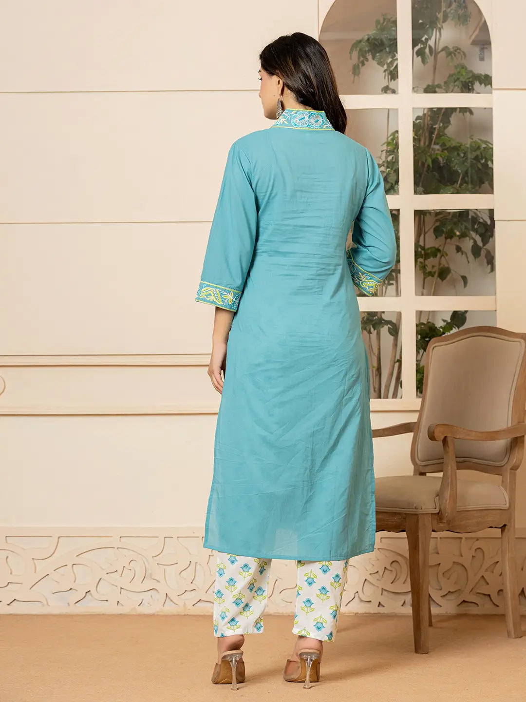 Yufta Teal Cotton Embroidered Kurta Dupatta Set