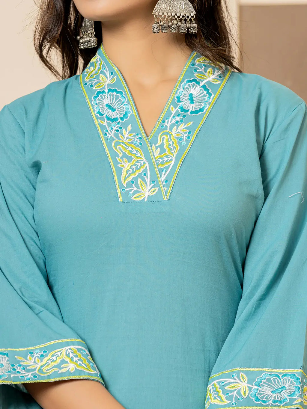 Yufta Teal Cotton Embroidered Kurta Dupatta Set