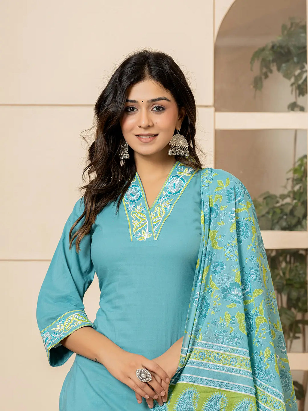 Yufta Teal Cotton Embroidered Kurta Dupatta Set
