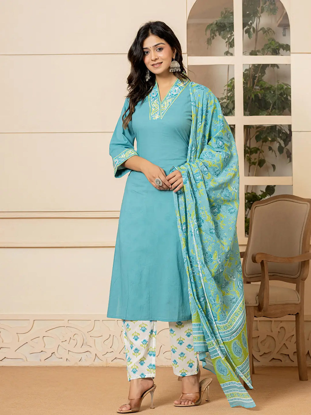 Yufta Teal Cotton Embroidered Kurta Dupatta Set