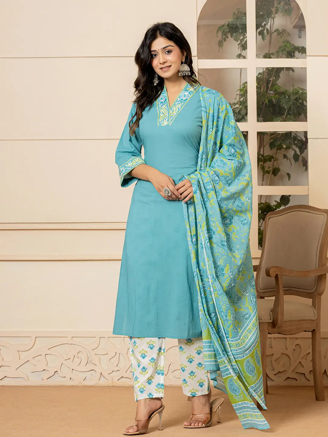 Yufta Teal Cotton Embroidered Kurta Dupatta Set