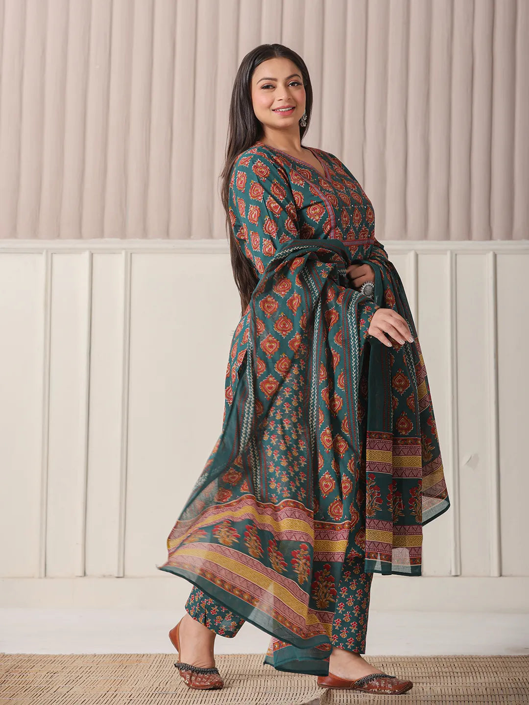 Yufta Teal Green Pure Cotton Sequins-Cutdana Work Kurta Dupatta Pant Set
