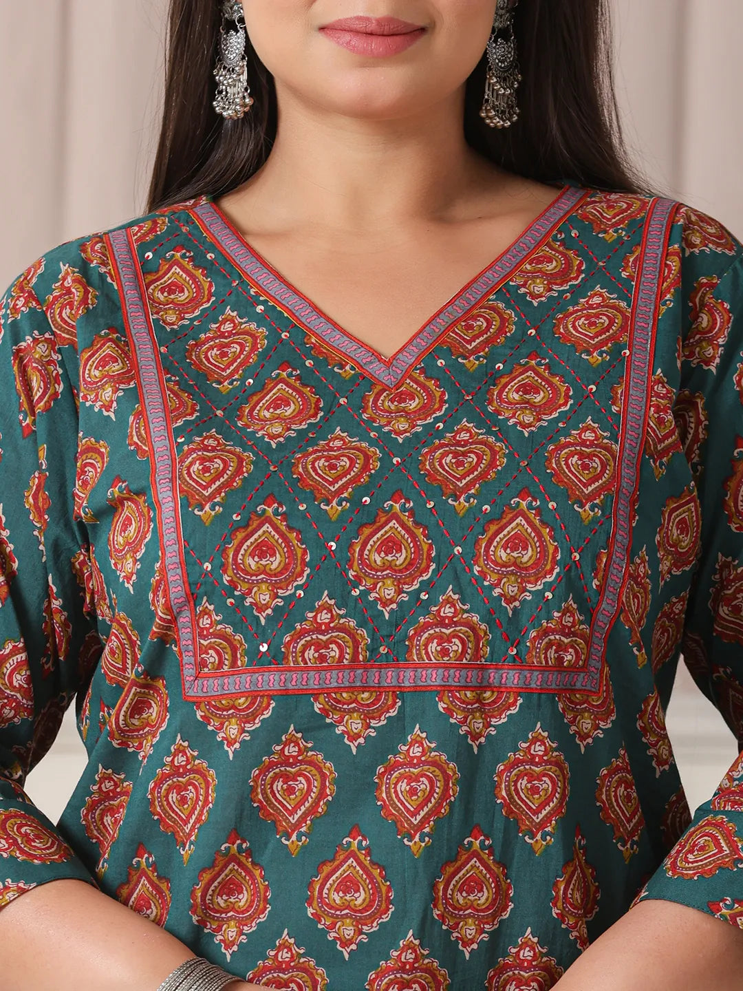 Yufta Teal Green Pure Cotton Sequins-Cutdana Work Kurta Dupatta Pant Set