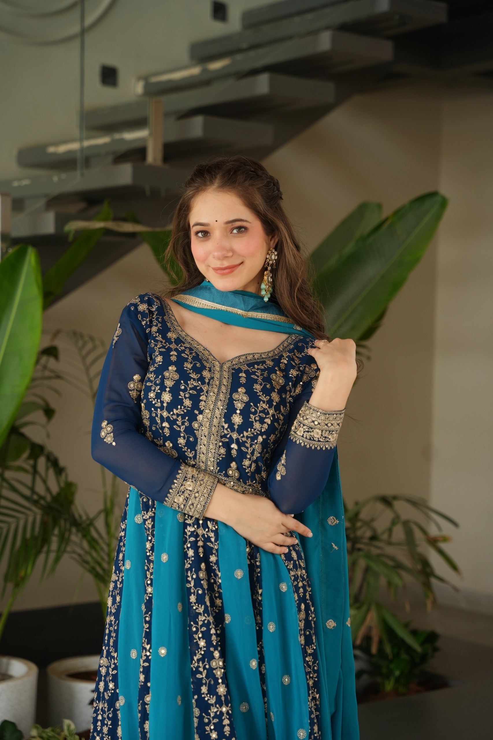 Evanik Teal Faux Georgette With Zari & Sequins Embroidered work Wedding Gown