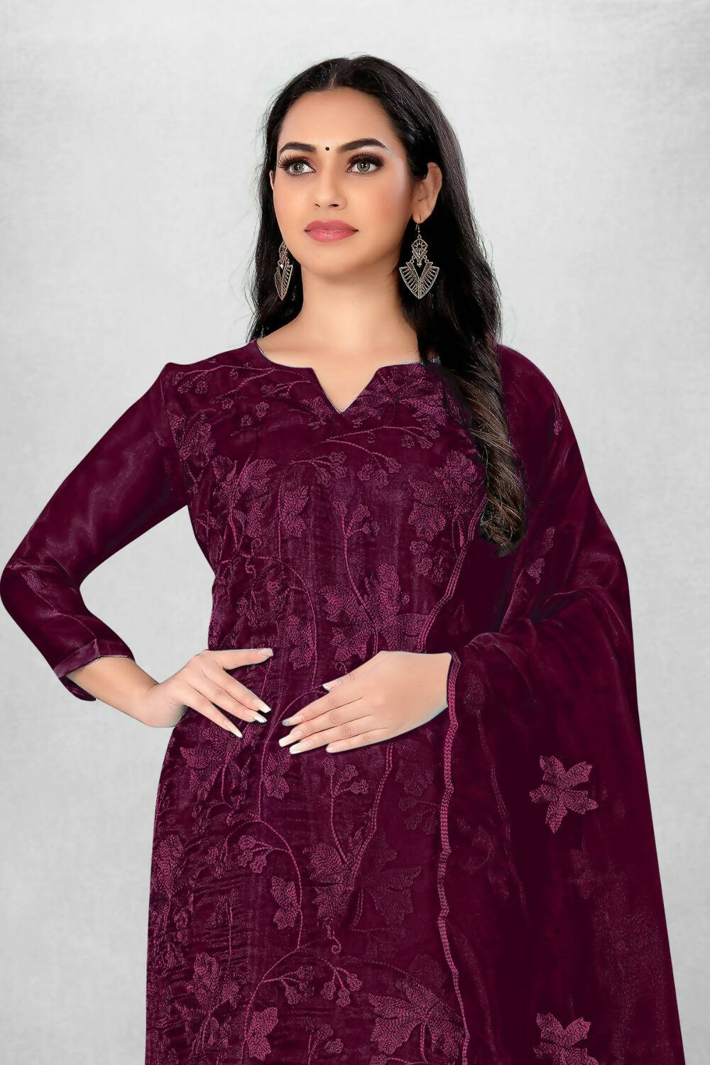 Wine Heavy Organza Silk Embroidered Unstitched Dress Material - Amara