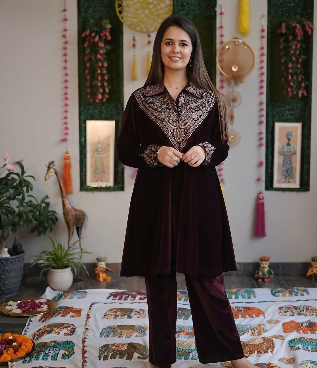 Vastranavya Purple Velvet Sequence Embroidery Work Top With Palazzo