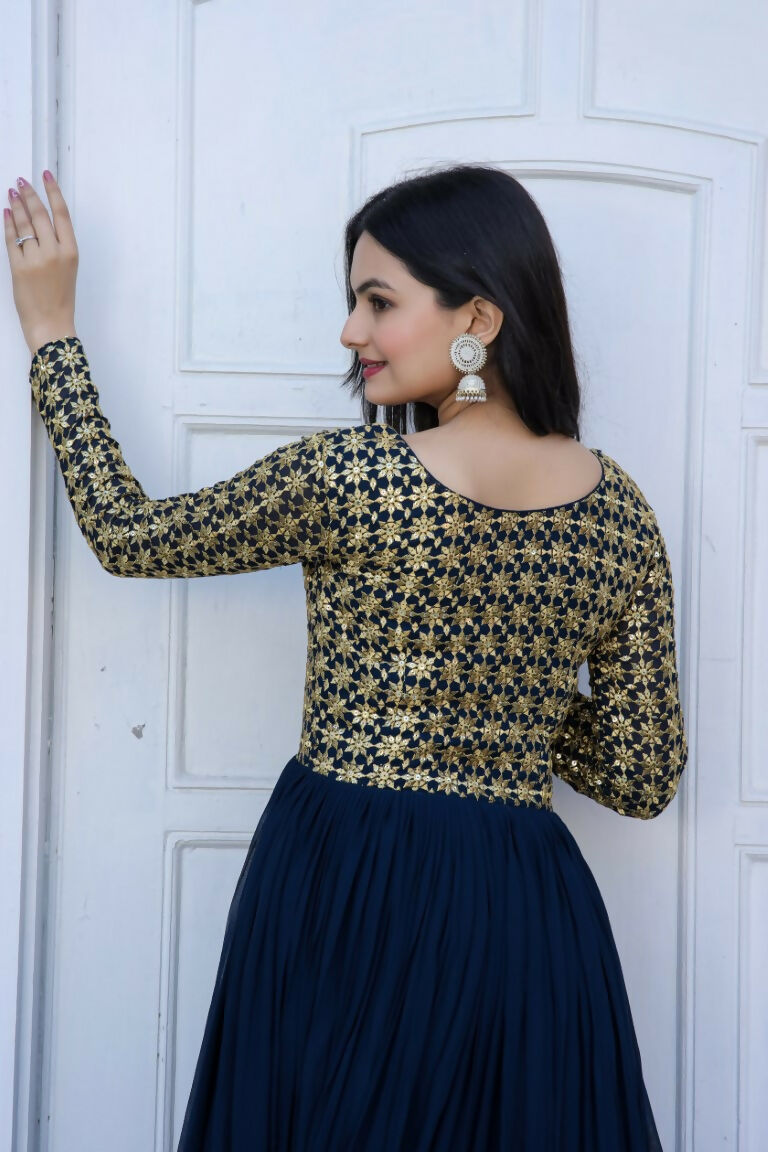 Jyoti Fashion Women's Navy Blue Sequence Zari Embroidered Faux Blooming Anarkali Dress